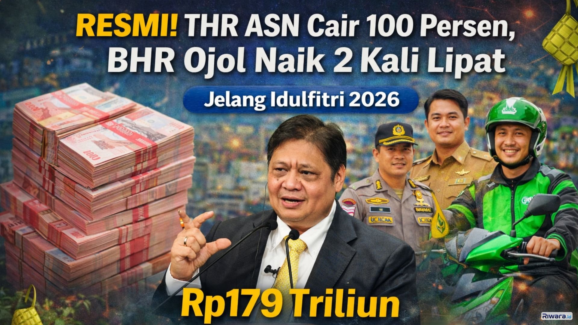 Airlangga Hartarto menyampaikan keterangan pers terkait kebijakan THR ASN 100 persen, THR swasta wajib dibayar penuh, serta kenaikan BHR ojol jelang Idulfitri 2026.